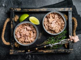 Open Can with Preserved tuna fillet meat. Black background. Top view